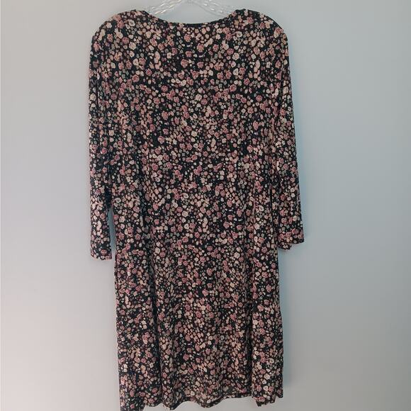 EUC Paisley Grace Size L Black Floral 3/4 Sleeve V-Neck Dress Pockets - Picture 4 of 5